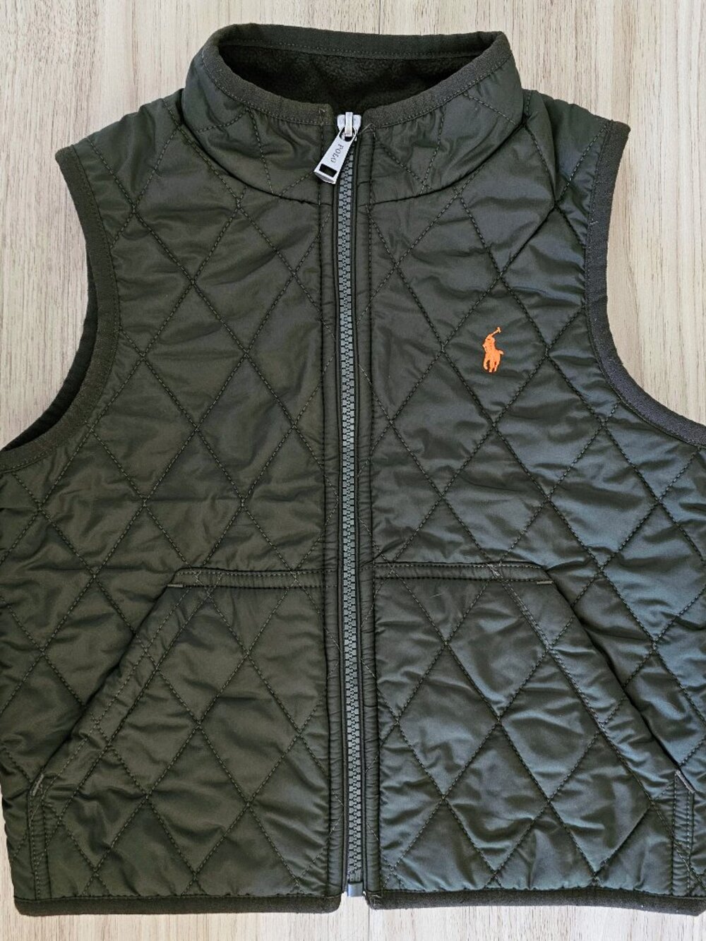 Polo Ralph Lauren Kids Size 4 Olive Quilted Fleece Lined Vest Orange Pony